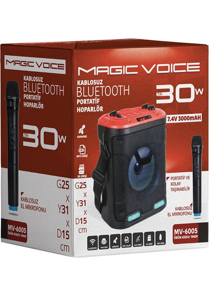 Magıcvoıce MV-6005 Vhf El MİK-USB/SD/BT30 Watt Işıklı Taşınabilir Şarjlı Seyyar Anfi (4738)