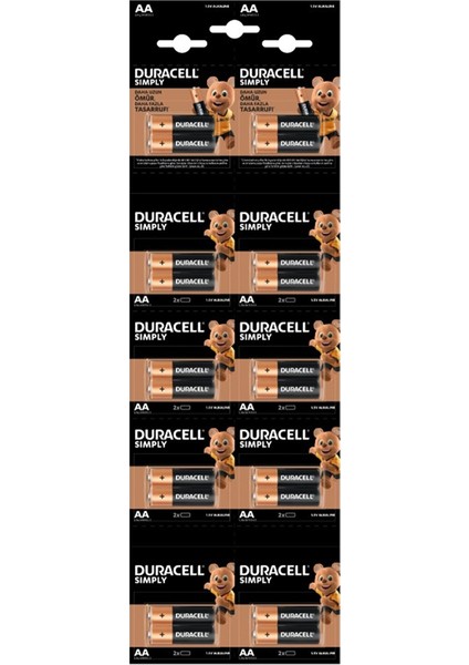 Duracell LR6/MN1500 1.5V Alkalin Aa Kalem Pil 20Lİ Kartela Paket Fiyat (2li Yırtmalı) (4738)