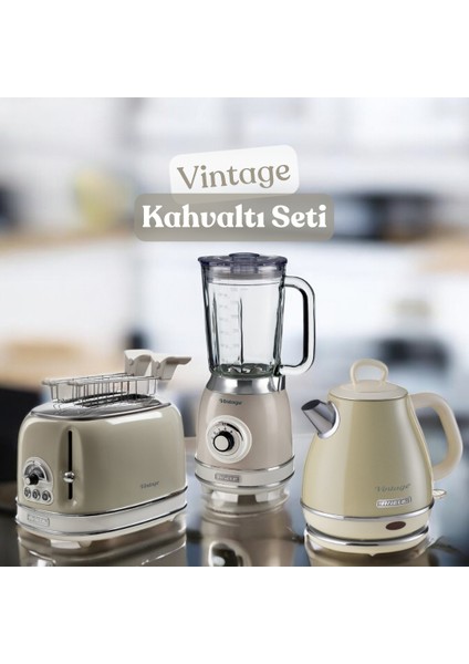 Vintage Kahvaltı Seti Su Isıtıcı Kettle + Smoothie Cam Blender + Ekmek Kızartma Makinesi Seti Bej