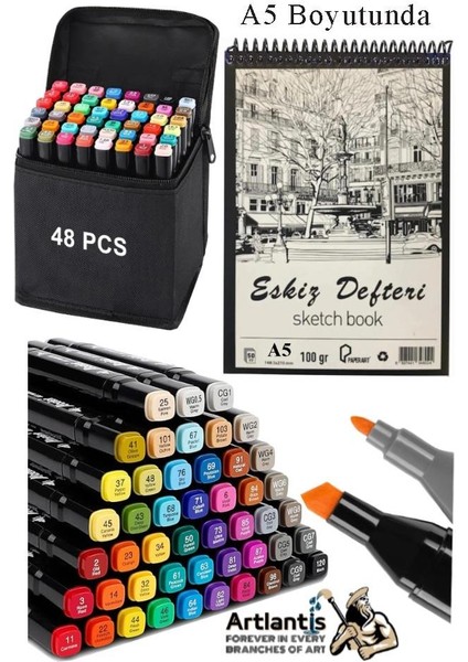 Eskiz Defteri A5 50 Yaprak 100 gr 1 Adet 48 Renk Çift Taraflı Marker Kalem 48 Adet Touch Çift Uçlu