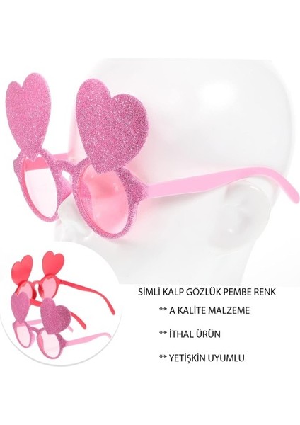 Pembe Renk Sim Işlenmiş Kalp Figürlü Parti Gözlüğü