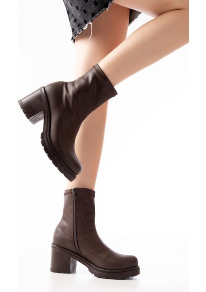 767-3012 Streç Kahve Fermuarlı Kalın Topuklu Günlük Kadın Bot fiyatları