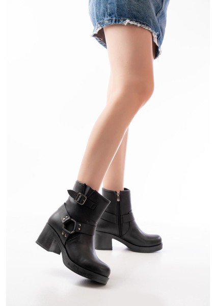 Siyah Toka Aksesuarlı Fermuarlı Kalın Topuklu Günlük Kadın Bot Bayan BOT5109-30 modelleri