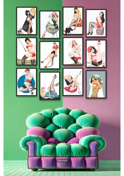 Vintage Pin-Up Kız Temalı 12 Parça Mdf Tablo Seti ile Evinize Şıklık ve Enerji