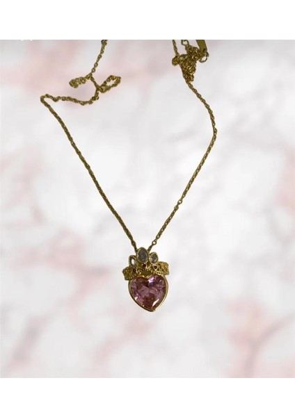 Çelik Gold Pembe Zirkon Taşlı Kalp Kolye 45 cm