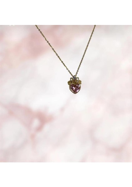 Çelik Gold Pembe Zirkon Taşlı Kalp Kolye 45 cm