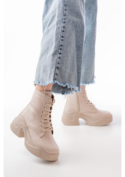 Bej Yüksek Tabanlı Bağcıklı Fermuarlı Günlük Kadın Bot Bayan BOTFZ-2550 fiyatları