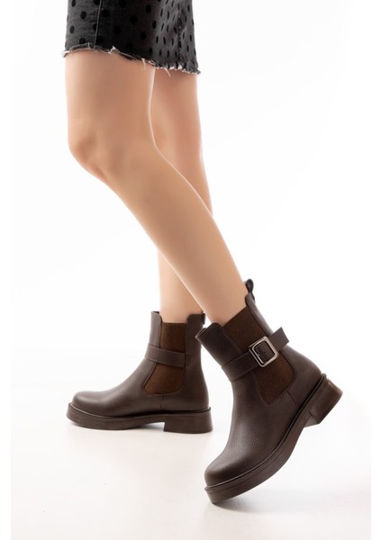 Kahverengi Toka Aksesuarlı Lastikli Günlük Kadın Bot Bayan BOT38018