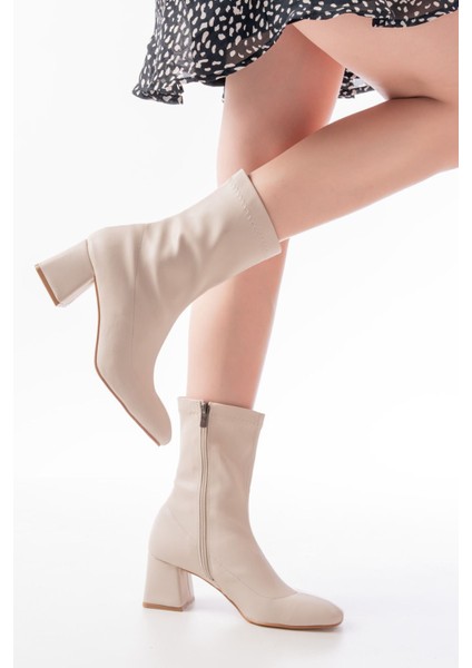 Bej Topuklu Fermuarlı Kadın Bot Bayan BOTMSK-033