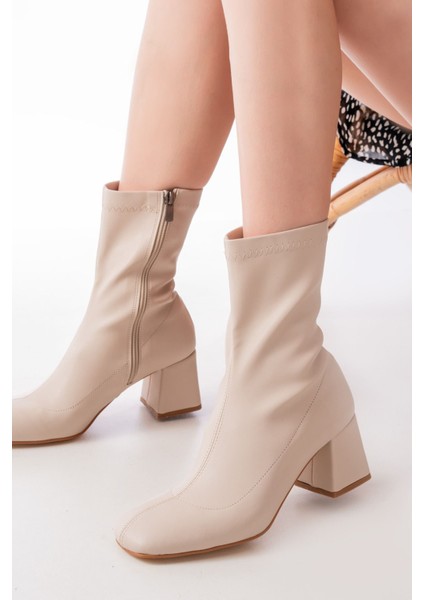 Bej Topuklu Fermuarlı Kadın Bot Bayan BOTMSK-033 modelleri