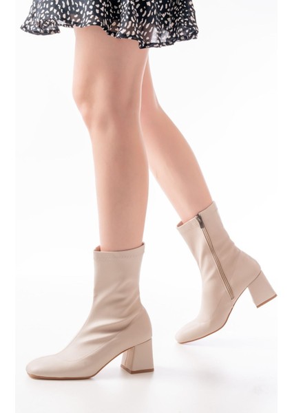Bej Topuklu Fermuarlı Kadın Bot Bayan BOTMSK-033 fırsatları