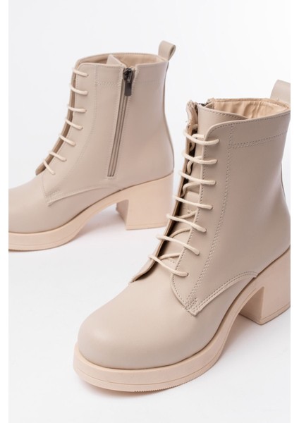 Bej Bağcıklı Fermuarlı Kalın Topuklu Günlük Kadın Bot Bayan BOT5109-30 modelleri