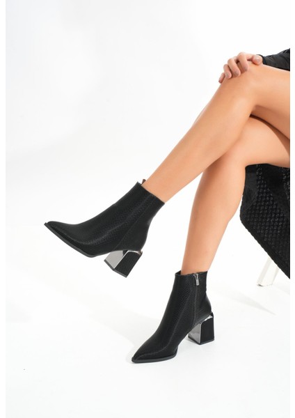 Siyah Fermuarlı Topuklu Kadın Günlük Bot Bayan BOTDNZ-409