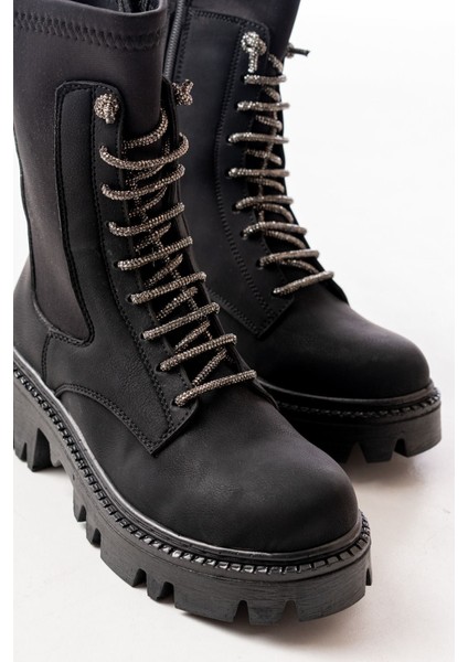 Siyah Zümrüt Düz Topuklu Bağcıklı Fermuarlı Günlük Kadın Bot Bayan BOT868-200 modelleri