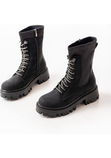 Siyah Zümrüt Düz Topuklu Bağcıklı Fermuarlı Günlük Kadın Bot Bayan BOT868-200 fırsatları