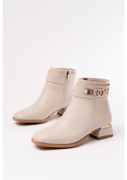Bej Toka Aksesuarlı Topuklu Fermuarlı Günlük Kadın Bot Bayan BOTRM-502 modelleri