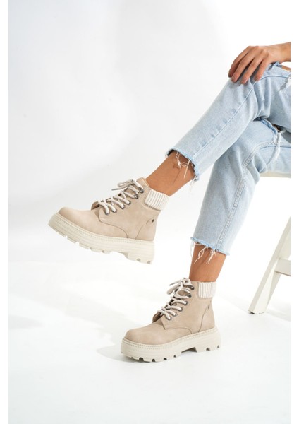 Bej Süet Bağcıklı Kalın Taban Kadın Günlük Bot Bayan BOTLMÇ-204