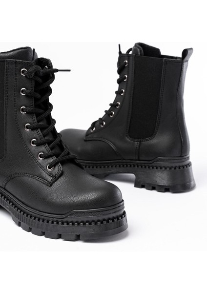 Siyah Luna Düz Topuklu Bağcıklı Lastikli Günlük Kadın Bot Bayan BOT2051-29 indirimleri