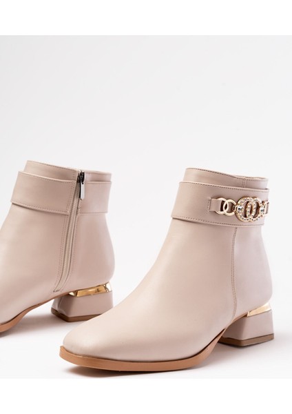 Bej Toka Aksesuarlı Topuklu Fermuarlı Günlük Kadın Bot Bayan BOTRM-502 indirimleri
