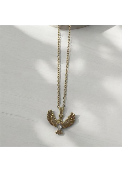 Çelik Gold Renk Anka Kuş Figür Zirkon Taşlı Kolye