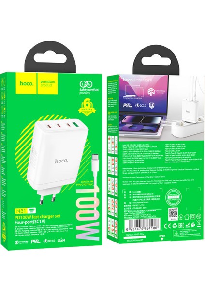 N31 Leader Pd Hızlı Şarj Özellikli 100W Type-C ve USB Şarj Çıkışlı Gan Teknoloji Şarj Başlığı