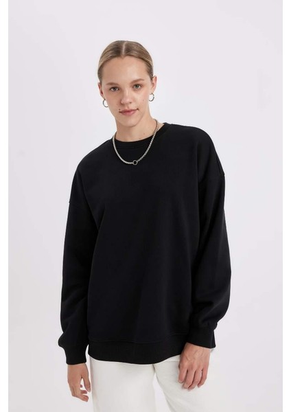 Okula Dönüş Oversize Geniş Kalıp Bisiklet Yaka Basic Düz Kalın Sweatshirt Black
