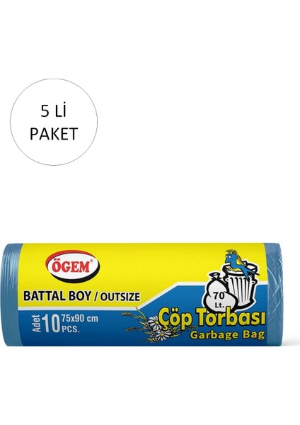 Battal Boy Çöp Torbası 75 x 90 cm 10'lu Rulo x 5 Paket = 50 Adet (Mavi)