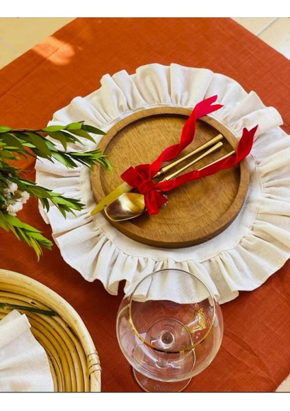 Naturel Keten Yuvarlak Fırfırlı 2 Li Vintage Amerikan Servis Bej 40X40