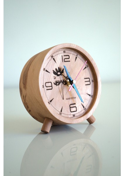 Tekno Trust El Yapımı Yuvarlak Ahşap Masaüstü Rakamlı Saat Papatya Detaylı
