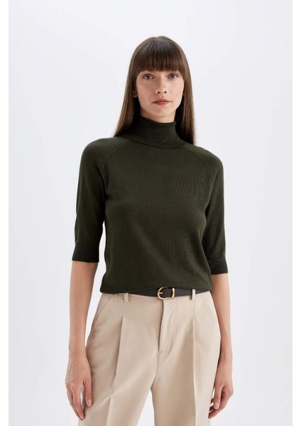 Regular Fit Balıkçı Yaka Yarım Kol Basic Düz Triko Kazak Khaki
