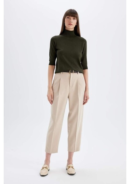 Regular Fit Balıkçı Yaka Yarım Kol Basic Düz Triko Kazak Khaki