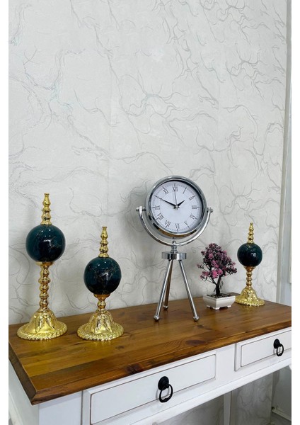 Bej Metal Mini Tripod 45x26 cm Masa Saati Zaman Göstergesi