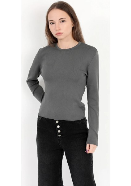 Kadın Füme %100 Poliamid Esnek Bisiklet Yaka Triko Body - 2002