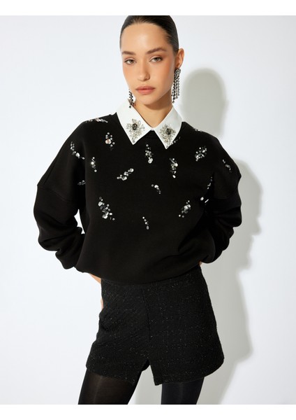Üç Iplik Şardonlu Uzun Kollu Bisiklet Yaka Pullu Payetli Sweatshirt