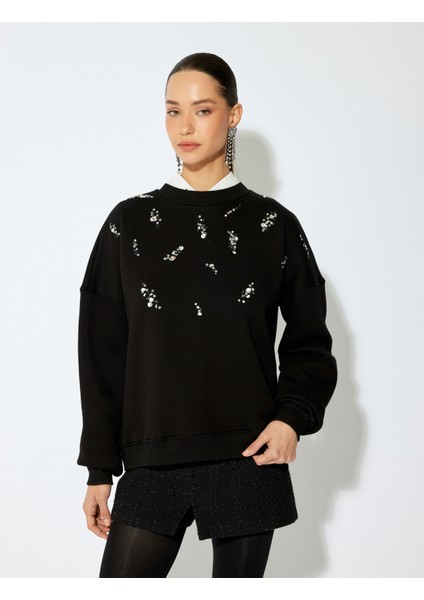 Üç Iplik Şardonlu Uzun Kollu Bisiklet Yaka Pullu Payetli Sweatshirt modelleri