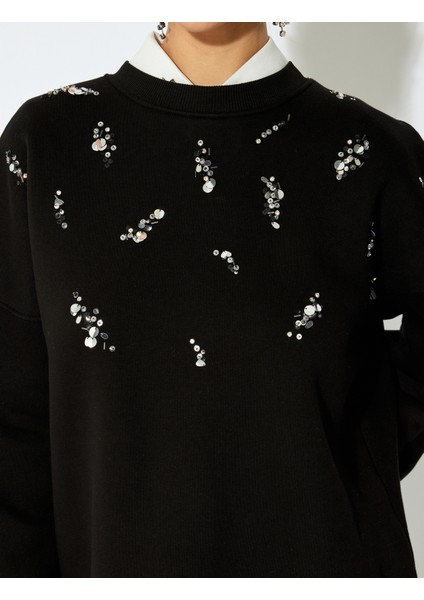 Üç Iplik Şardonlu Uzun Kollu Bisiklet Yaka Pullu Payetli Sweatshirt indirimleri