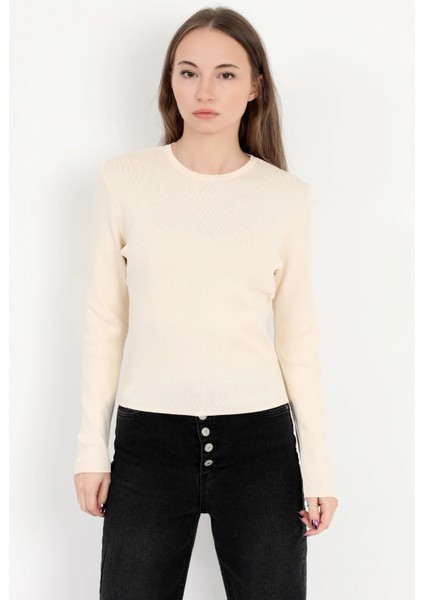 Kadın Bej %100 Poliamid Esnek Bisiklet Yaka Triko Body - 2002