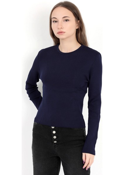 Kadın Lacivert %100 Poliamid Esnek Bisiklet Yaka Triko Body - 2002