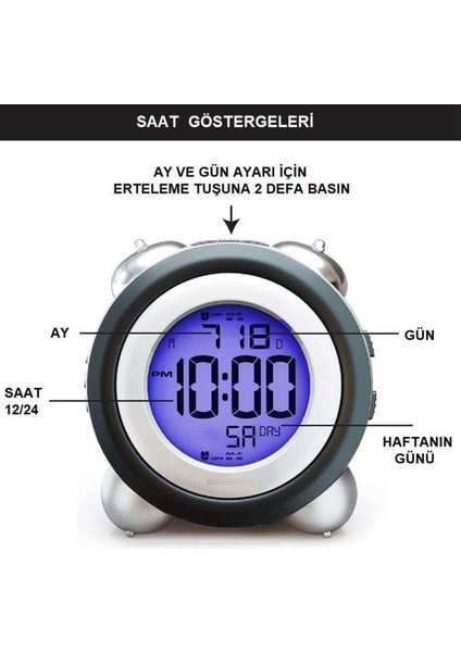 Tekno Trust LED Işıklı Yüksek Zil Sesli Dijital Masa Saati Zaman Tarih Çift Alarm