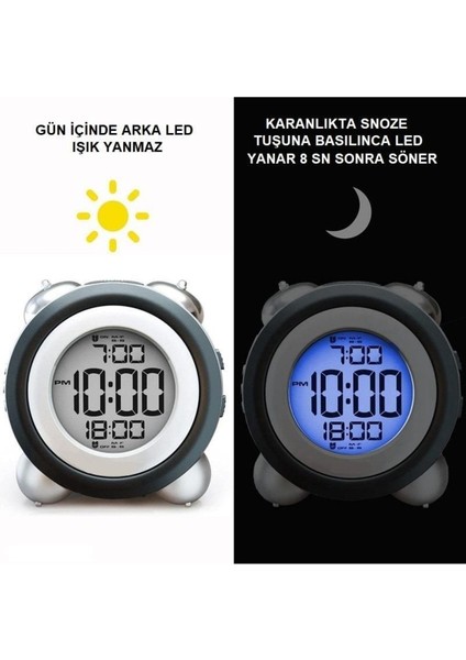 Tekno Trust LED Işıklı Yüksek Zil Sesli Dijital Masa Saati Zaman Tarih Çift Alarm