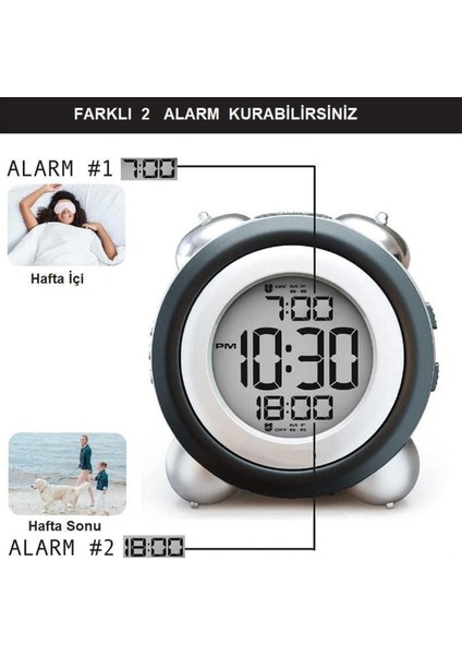 Tekno Trust LED Işıklı Yüksek Zil Sesli Dijital Masa Saati Zaman Tarih Çift Alarm