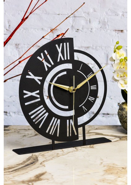 Siyah metal masa üstü saat, 25x23cm, analog zaman göstergesi, şık dekoratif tasarım