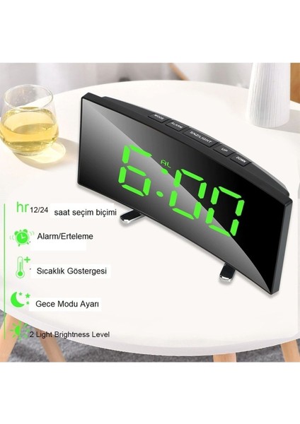 Aynalı Led Işıklı Kavisli Masa Saati, Alarm, Sıcaklık Ölçer, Şık ve Modern Tasarım modelleri