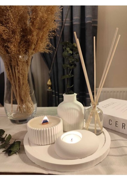 Dekoratif 5li Set Mum Çizgili Vazo Tealight Mumluk ve Oda Kokusu Seti