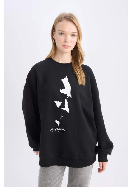 Oversize Geniş Kalıp Bisiklet Yaka Atatürk Baskılı Sweatshirt E5445AX24WN