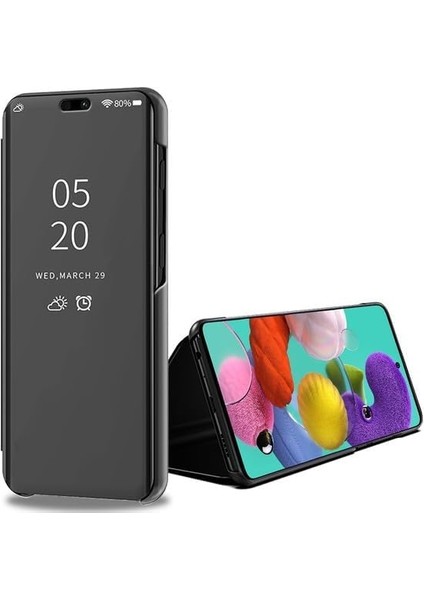 Redmi Note 9 Uyumlu Aynalı Kapaklı Standlı Clear View Kılıf (Siyah)
