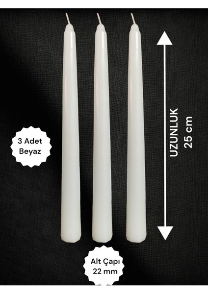 Beyaz Şamdan Mumu 3'lü Boy: 25CM Çapı: 22 mm 3301000000806