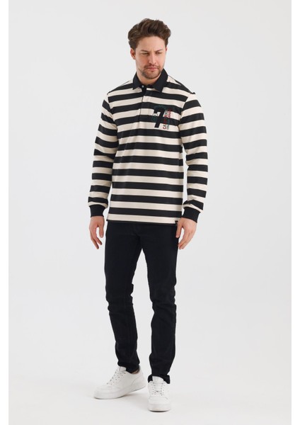 Polo Yaka Nakış Aplikeli Çizgili Regular Fit Sweatshırt (WK25214)