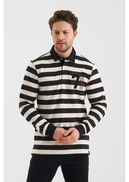 Polo Yaka Nakış Aplikeli Çizgili Regular Fit Sweatshırt (WK25214) modelleri