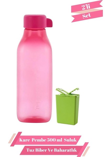 Kare Pembe 500 ml Suluk Matara & Tuzluk Karabiberlik 2'li Set